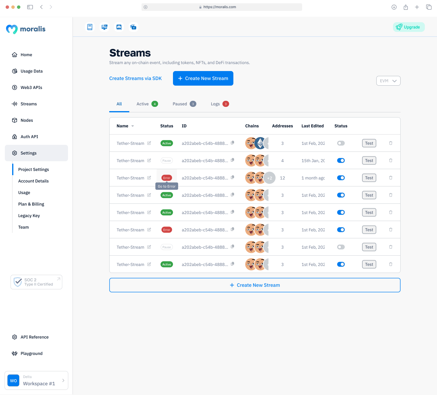 Moralis Streams dashboard — real-time blockchain event monitoring